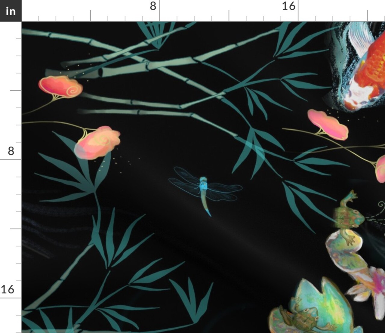 Black Koi Fish Japanese Floral Large Scale Decorative Carp Chinoiserie Water Garden Custom Printed Fabric by Spoonflower Various Fabrics by the Yard or Fat Quarter